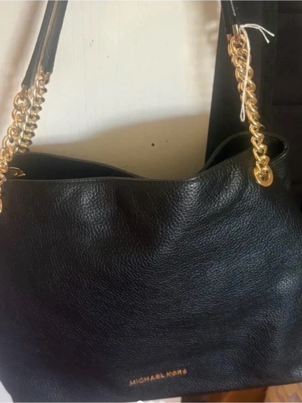 Michael Kors Black Pebbled Leather Shoulder Bag with Gold Chain Straps